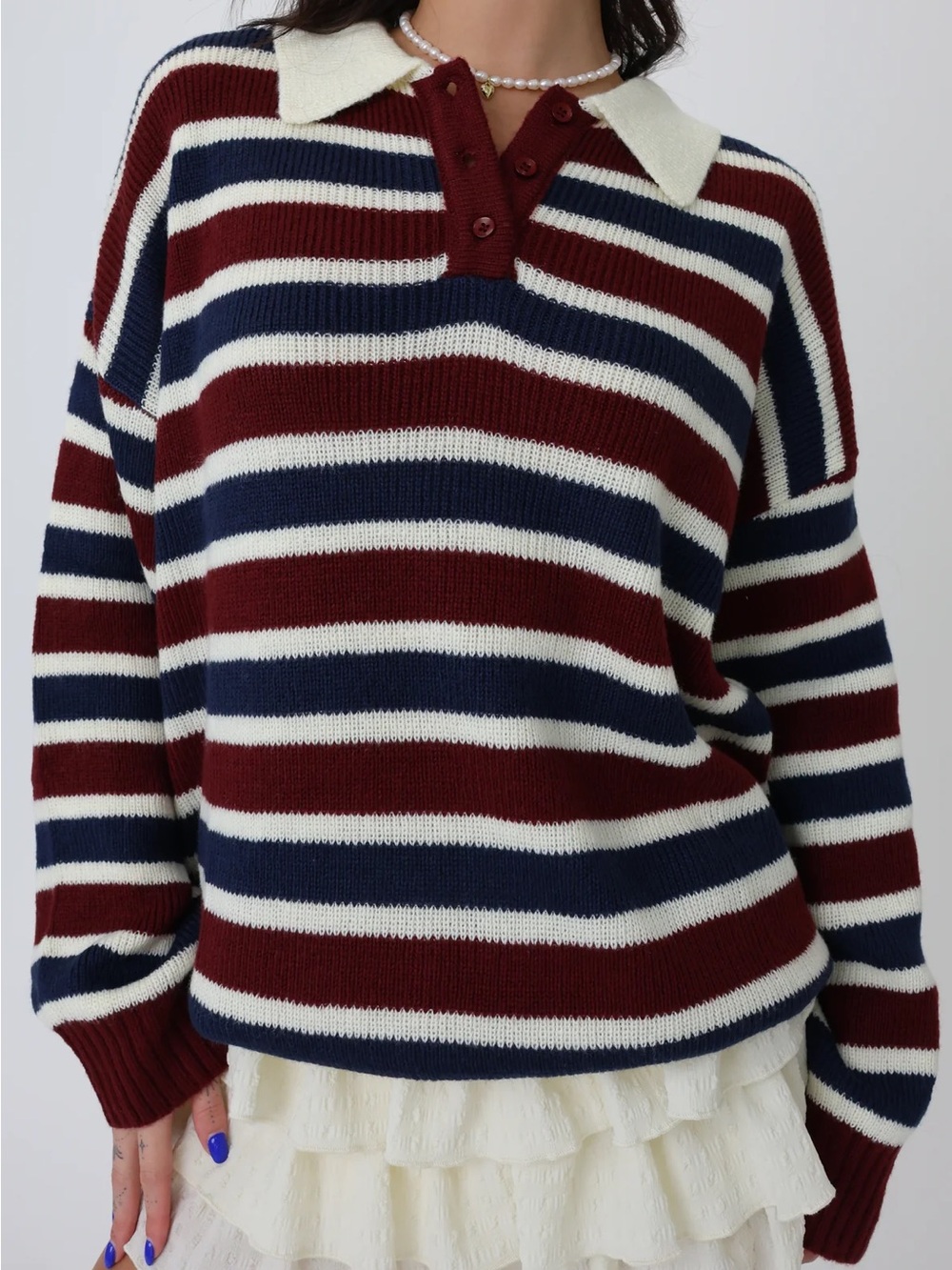Grey Bandit Cruz Sweater - Striped Polo Collar Sweater - Burgundy, Navy & Cream